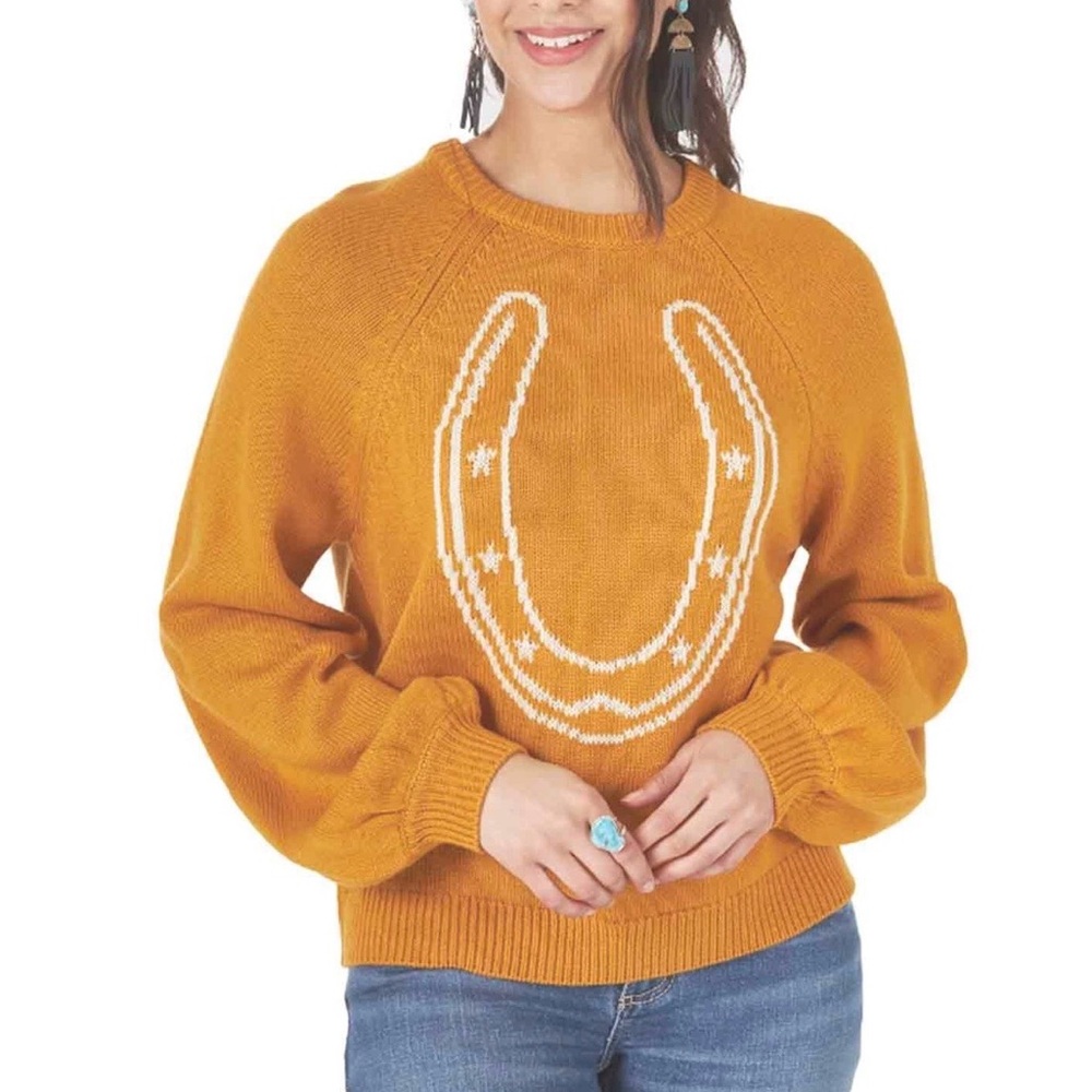 Wrangler Retro Scoop Neck Knit Mustard Horse Shoe Bubble Sleeve Sweater Size XL